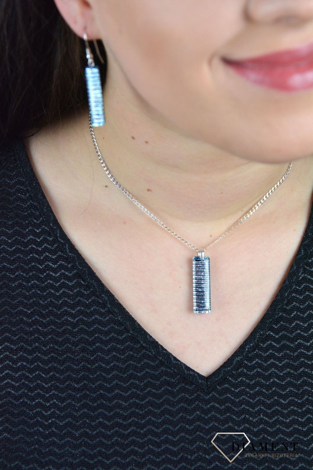 Srebrna zawieszka szkło weneckie 'Niebiesko srebrne paski' Murano 53.jpg